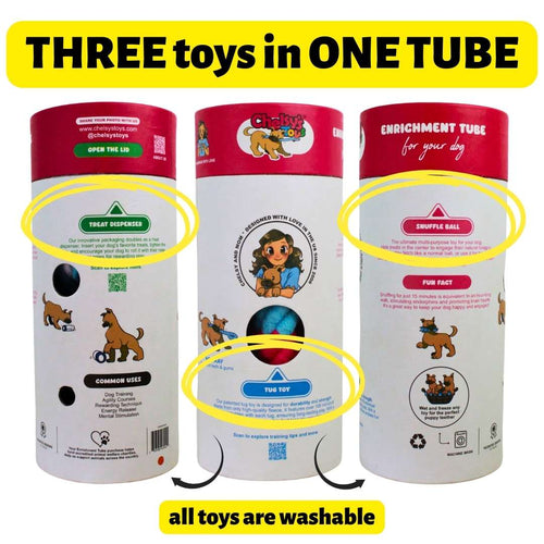 3-in-1 Enrichment Tube for Dogs: Tug Toy, Treat Puzzle and Snuffle Ball