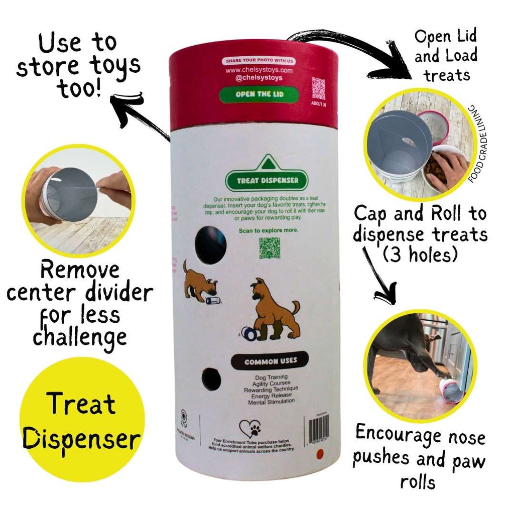 3-in-1 Enrichment Tube for Dogs: Tug Toy, Treat Puzzle and Snuffle Ball