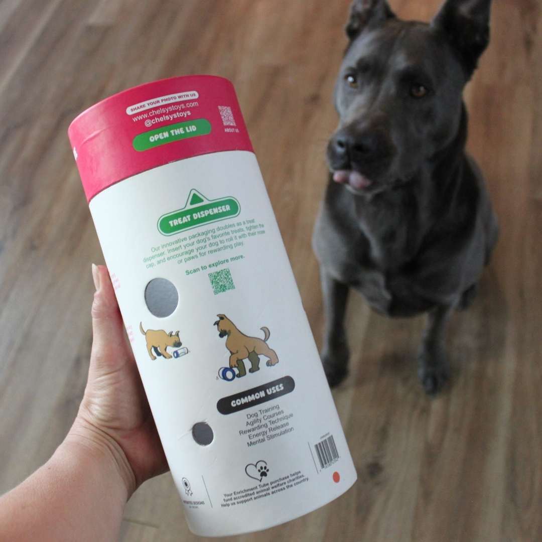 3-in-1 Enrichment Tube for Dogs: Tug Toy, Treat Puzzle and Snuffle Ball