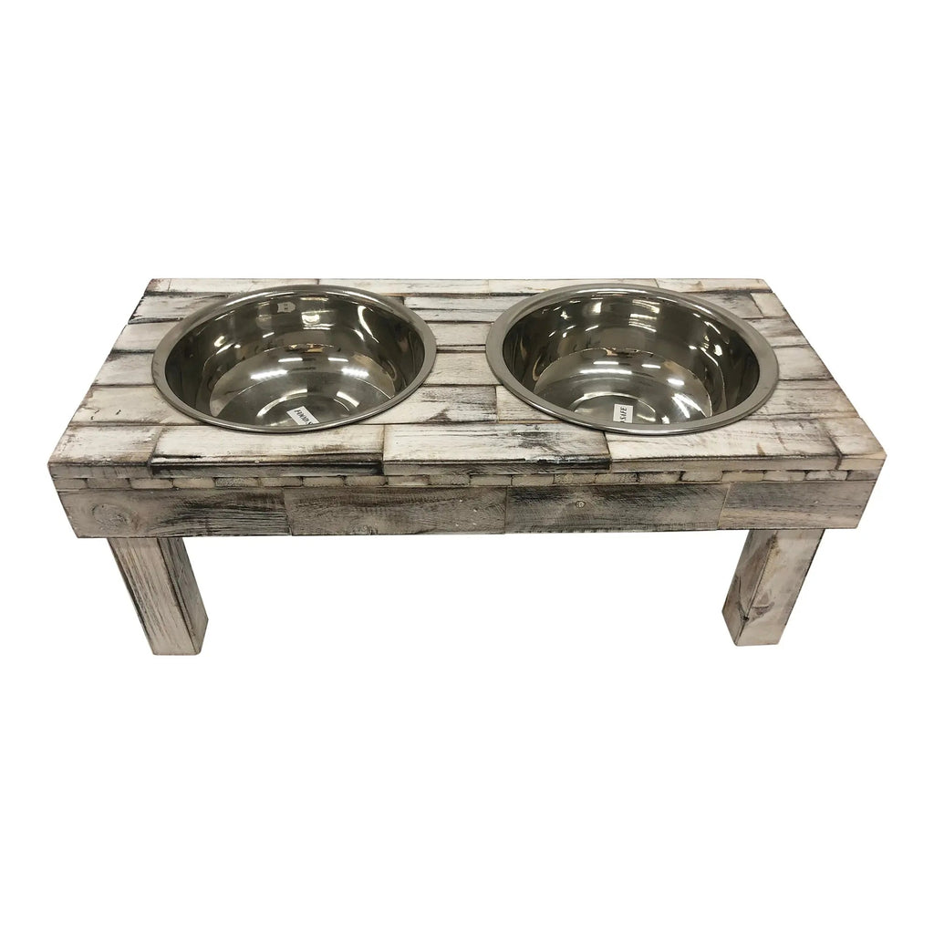 Elevated Double Bowl Feeder, White Wash