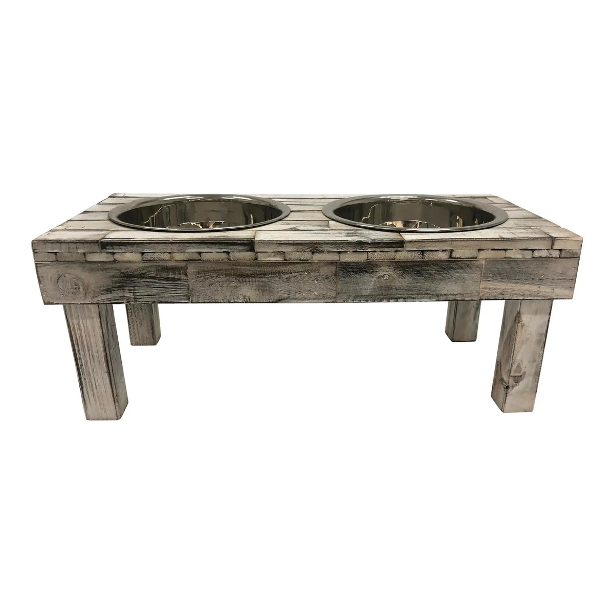Elevated Double Bowl Feeder, White Wash