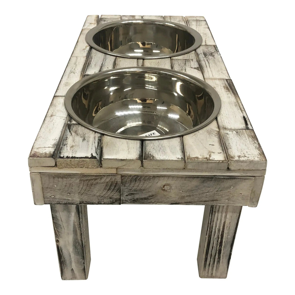 Elevated Double Bowl Feeder, White Wash