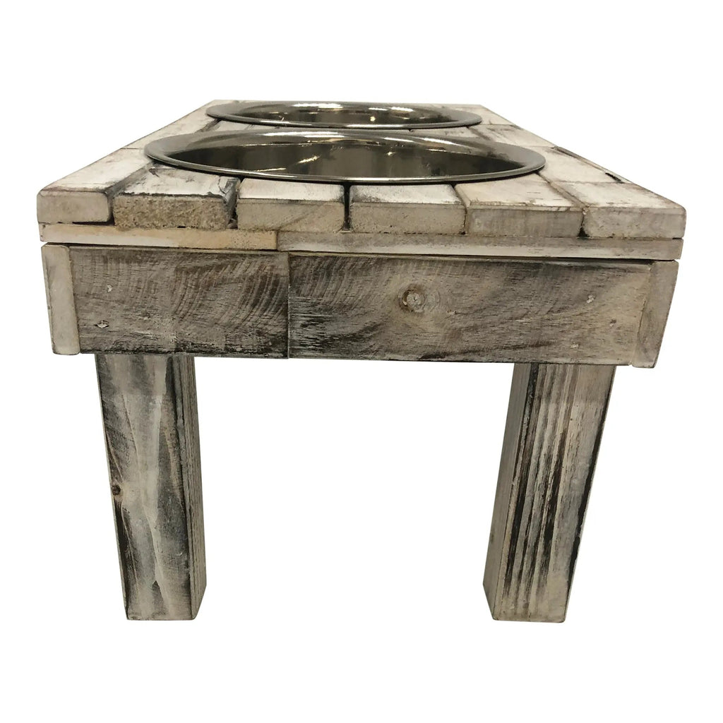 Elevated Double Bowl Feeder, White Wash