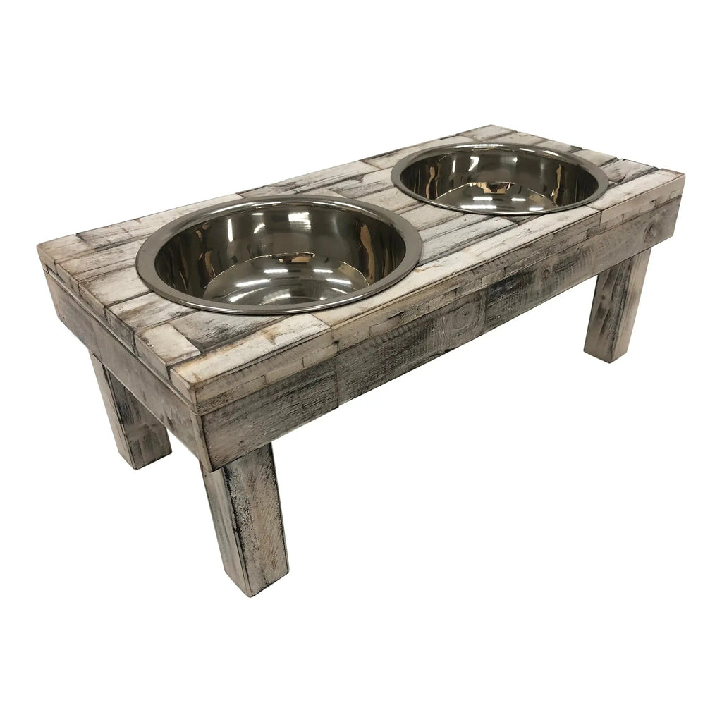 Elevated Double Bowl Feeder, White Wash
