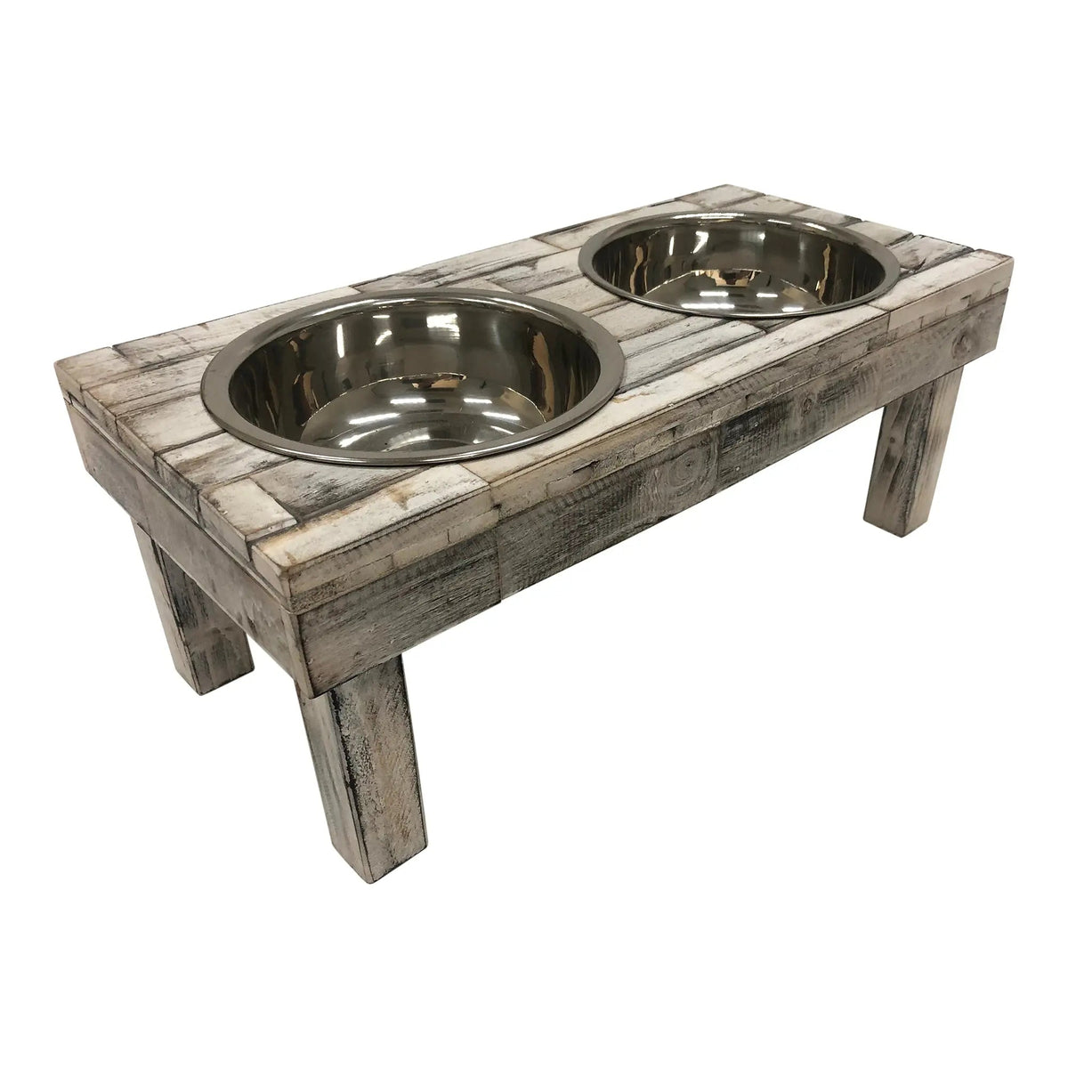 Elevated Double Bowl Feeder, White Wash