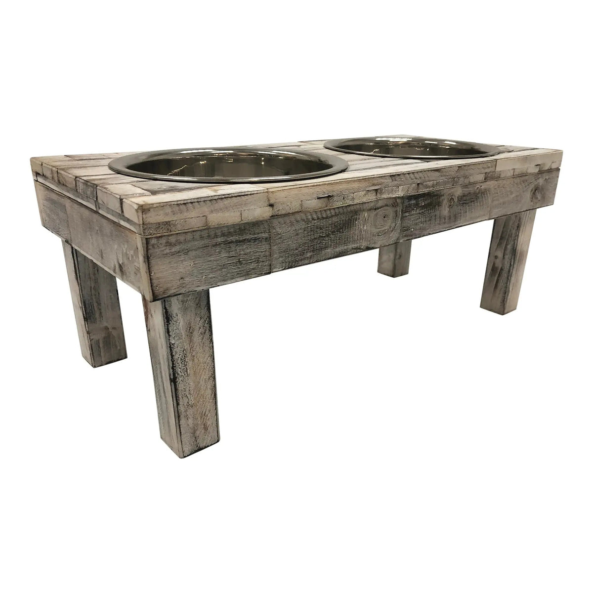 Elevated Double Bowl Feeder, White Wash