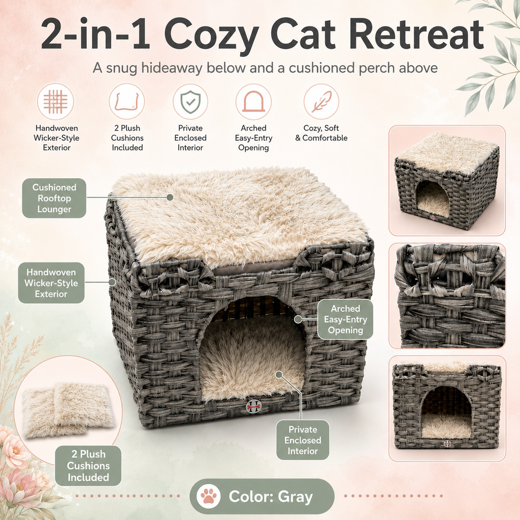 Wicker Cat House with Two Cushions, Gray