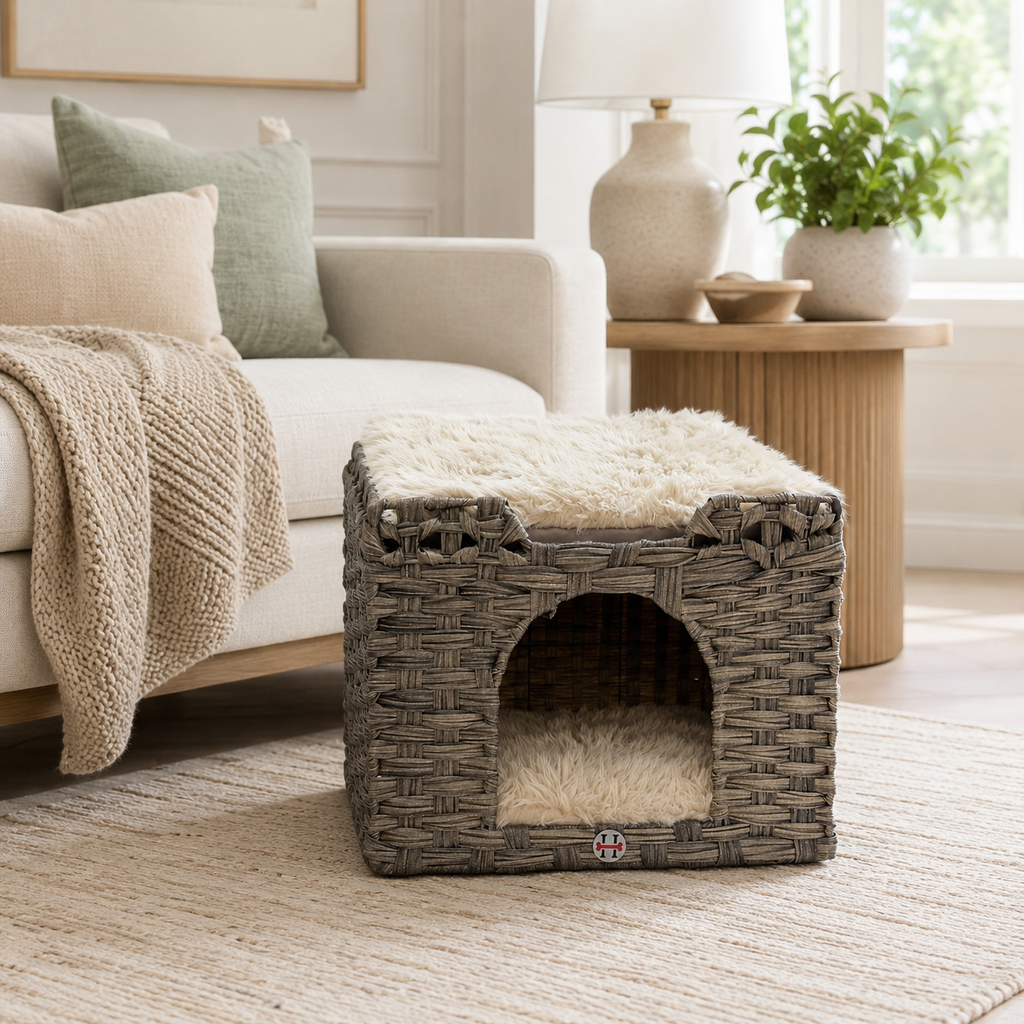 Wicker Cat House with Two Cushions, Gray