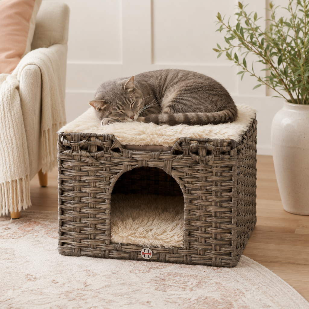 Wicker Cat House with Two Cushions, Gray
