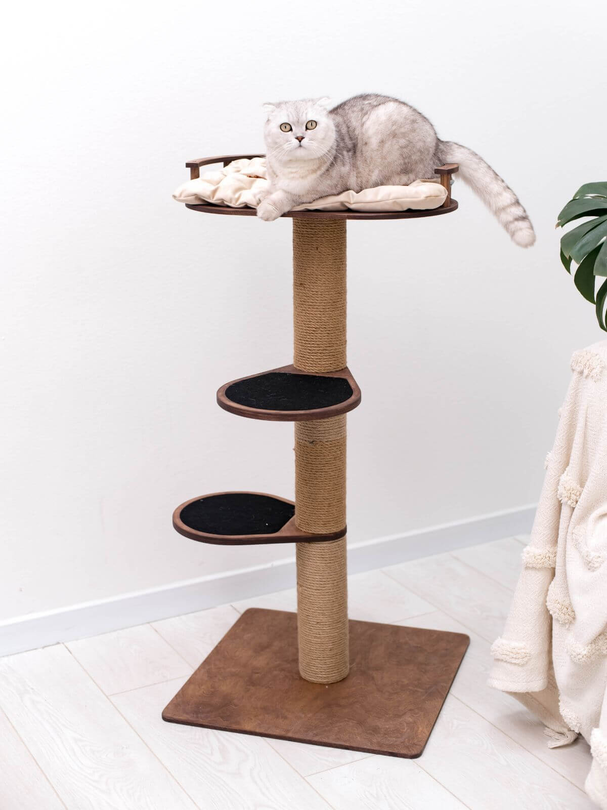 Wooden Cat Tree with Scratching Post and Cushion