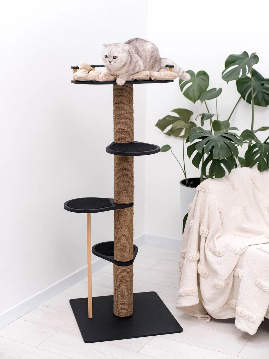 Wooden Cat Tree with Scratching Post and Cushion